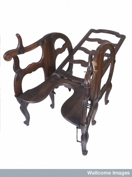 L0035774 A foldable and adjustable birthing chair Credit: Wellcome Library, London. Wellcome Images images@wellcome.ac.uk http://wellcomeimages.org A foldable and adjustable birthing chair, made of walnut wood. European Photograph Late 17th Century Published: - Copyrighted work available under Creative Commons Attribution only licence CC BY 4.0 http://creativecommons.org/licenses/by/4.0/