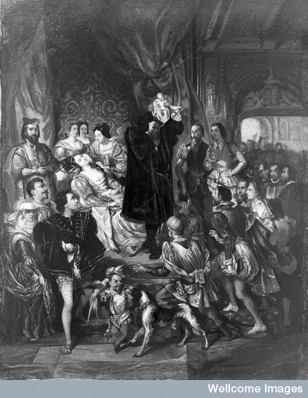 L0007276 The birth of Henri IV at the castle of Pau. Oil painting aft Credit: Wellcome Library, London. Wellcome Images images@wellcome.ac.uk http://wellcomeimages.org The birth of Henri IV at the castle of Pau. Oil painting after Eugène-François-Marie-Joseph Devéria. By: Eugène-Francois-Marie-Joseph Devériaafter: E.F.M.F. DeveriaPublished: - Copyrighted work available under Creative Commons Attribution only licence CC BY 4.0 http://creativecommons.org/licenses/by/4.0/