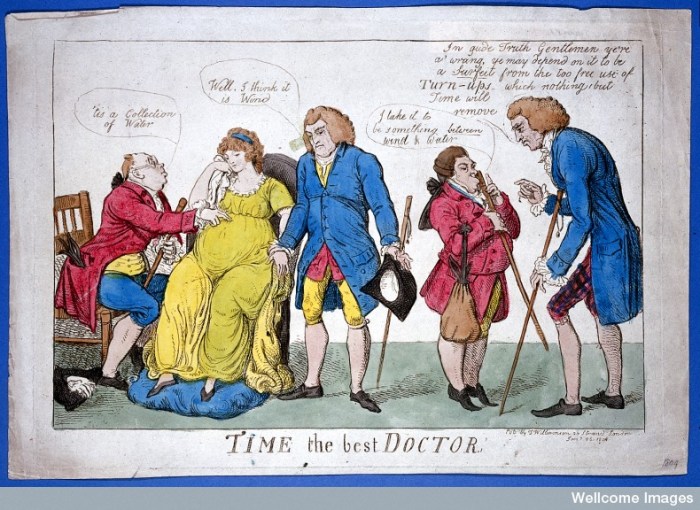 L0016884 A group of physicians wrongly diagnosing the case of a pregn Credit: Wellcome Library, London. Wellcome Images images@wellcome.ac.uk http://wellcomeimages.org A group of physicians wrongly diagnosing the case of a pregnant woman. Coloured etching by I. Cruikshank, 1803. Coloured etching 1803-1804 By: Isaac CruikshankPublished: 28 January 1804 Copyrighted work available under Creative Commons Attribution only licence CC BY 4.0 http://creativecommons.org/licenses/by/4.0/